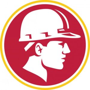 A Drawn Picture Of A Man In A Red Circle Wearing A Hard Hat Logo For Delaware County Concrete Services